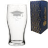 Personalised Engraved Graduation Pint Glass with Grad Cap Burst Design, Personalise with Any Name or Message