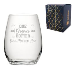 Personalised Engraved Graduation Stemless Wine Glass with 'One Degree Hotter' Design, Personalise with Any Name or Message