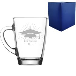 Personalised Engraved Graduation Glass Coffee Cup with Grad Cap Burst Design, Personalise with Any Name or Message