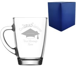 Personalised Engraved Graduation Glass Coffee Cup with 'ConGRADulations' Design, Personalise with Any Name or Message