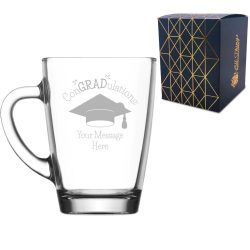Personalised Engraved Graduation Glass Coffee Cup with 'ConGRADulations' Design, Personalise with Any Name or Message
