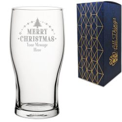 Personalised Engraved Novelty Christmas Pint Tulip Beer Glass with Merry Christmas Tree Design, Customise with Any Name or Message