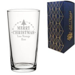 Personalised Engraved Novelty Christmas Pint Beer Glass with Merry Christmas Tree Design, Customise with Any Name or Message