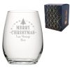 Personalised Engraved Novelty Christmas Stemless Wine Glass with Merry Christmas Tree Design, Customise with Any Name or Message