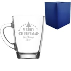 Personalised Engraved Novelty Christmas Glass Coffee Hot Drinks Cup with Merry Christmas Tree Design, Customise with Any Name or Message