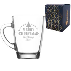 Personalised Engraved Novelty Christmas Glass Coffee Hot Drinks Cup with Merry Christmas Tree Design, Customise with Any Name or Message