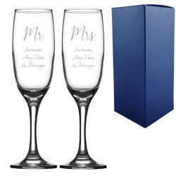Engraved Wedding Champagne Set Mr and Mrs, Any Message, 7.5oz/221ml, Handwritten Font