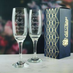 Engraved Wedding Champagne Set Mother/Father of the Bride/groom 2pc, Handwritten Font