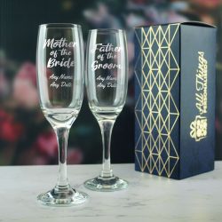 Engraved Wedding Champagne Set Mother/Father of the Bride/groom 2pc, Script Font