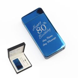 Engraved Electric Arc Lighter, Blue, Happy 80th Birthday, Gift Boxed