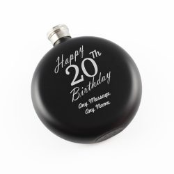 Engraved 5oz Round Black Hip Flask Happy 20th Birthday