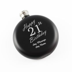 Engraved 5oz Round Black Hip Flask Happy 21st Birthday