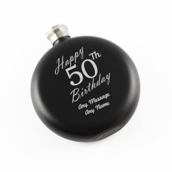 Engraved 5oz Round Black Hip Flask Happy 50th Birthday