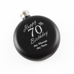 Engraved 5oz Round Black Hip Flask Happy 70th Birthday