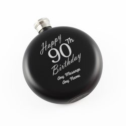 Engraved 5oz Round Black Hip Flask Happy 90th Birthday