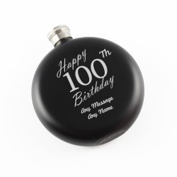 Engraved 5oz Round Black Hip Flask Happy 100th Birthday