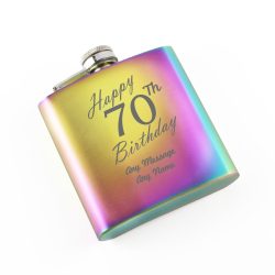 Engraved 6oz Rainbow Steel Hip Flask Happy 70th Birthday