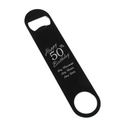Engraved Large Black Steel Bar Blade Bottle Opener Happy 50th Birthday