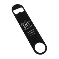 Engraved Large Black Steel Bar Blade Bottle Opener Happy 90th Birthday