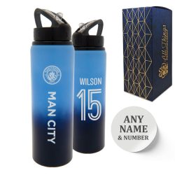 Official Printed Metal Manchester City Bottle, Personalise Any Number, Gift Boxed