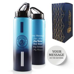 Official Printed Metal Manchester City Bottle, Personalise Any Message, Gift Boxed, Striped Design