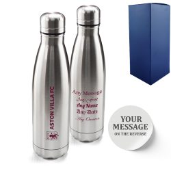 Official Printed Aston Villa Thermal Bottle Silver, Personalise Any Message, Gift Boxed