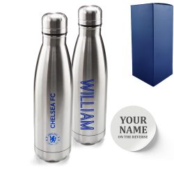 Official Printed Chelsea Thermal Bottle Silver, Personalise Any Name, Gift Boxed