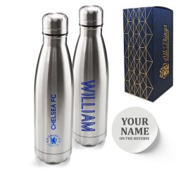 Official Printed Chelsea Thermal Bottle Silver, Personalise Any Name, Gift Boxed