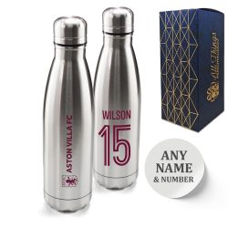 Official Printed Aston Villa Thermal Bottle Silver, Personalise Name and Number, Gift Boxed