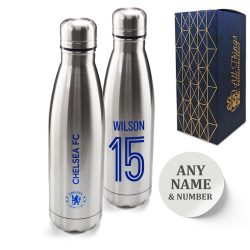 Official Printed Chelsea Thermal Bottle Silver, Personalise Name and Number, Gift Boxed