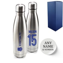 Official Printed Everton Thermal Bottle Silver, Personalise Name and Number, Gift Boxed