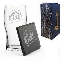 Engraved Pint Glass and Slate Coaster Set, Worlds Best Dad, Gift Boxed