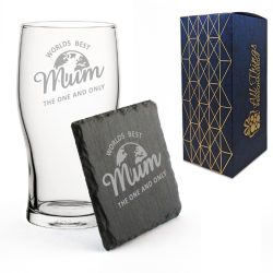 Engraved Pint Glass and Slate Coaster Set, Worlds Best Mum, Gift Boxed