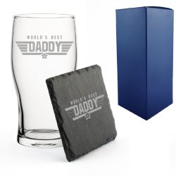Engraved Pint Glass and Slate Coaster Set, Top Daddy, Gift Boxed