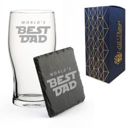 Engraved Pint Glass and Slate Coaster Set, Best Dad Space, Gift Boxed