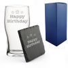 Engraved Pint Glass and Slate Coaster Set, Pixel Happy Birthday, Gift Boxed