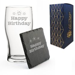 Engraved Pint Glass and Slate Coaster Set, Pixel Happy Birthday, Gift Boxed