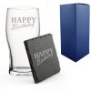 Engraved Pint Glass and Slate Coaster Set, Stylish Happy Birthday, Gift Boxed