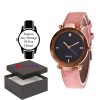 Personalised Engraved Watch Pink Leather Strap with Black Face Gold Rim Quartz Watch