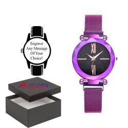 Personalised Engraved Watch Star Sky Rhinestone Dial Purple Mesh Strap With Black Face