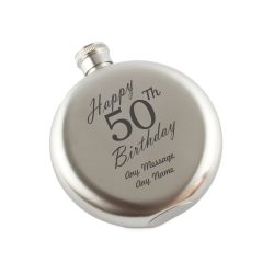 Engraved 5oz Round Steel Hip Flask Happy 50th Birthday