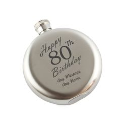 Engraved 5oz Round Steel Hip Flask Happy 80th Birthday