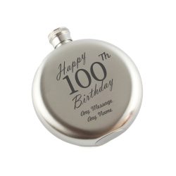 Engraved 5oz Round Steel Hip Flask Happy 100th Birthday
