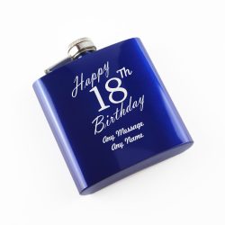 Engraved 6oz Blue Steel Hip Flask Happy 18th Birthday