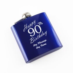 Engraved 6oz Blue Steel Hip Flask Happy 90th Birthday