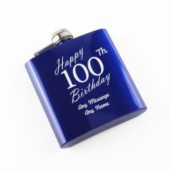 Engraved 6oz Blue Steel Hip Flask Happy 100th Birthday