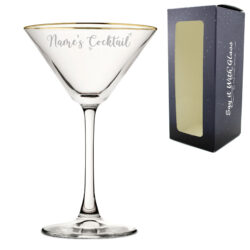 Engraved Gold Rim Martini Cocktail Glass with Name's Cocktail Design, Personalise with Any Name