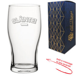 Engraved Pint Glass with Slainte Design, Add a Personalised Message to the Reverse