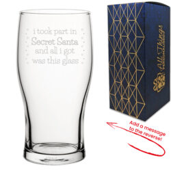 Engraved Pint Glass with Secret Santa Serif Design, Add Message to Reverse