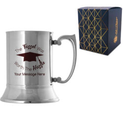 Personalised Engraved Graduation Steel Tankard with 'The Tassel was worth the Hassle' Design, Personalise with Any Name or Message